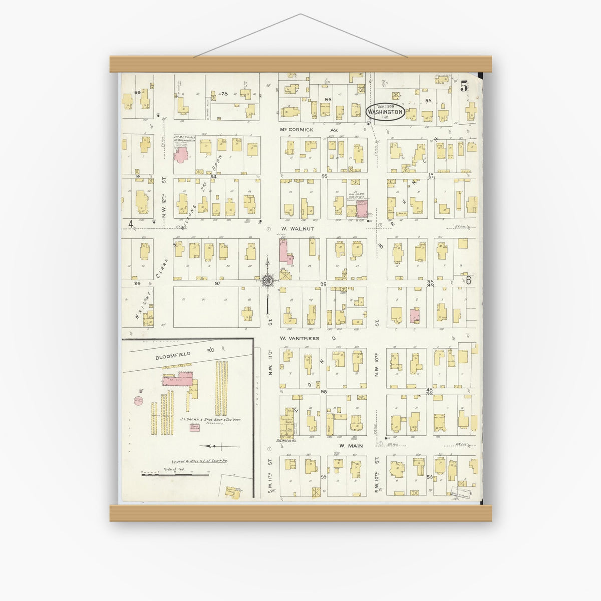Old map wall art mockup — magnetic wood frame on white wall — Sanborn Fire Insurance Map from Washington, Daviess County, Indiana (1909), Sheet #0005