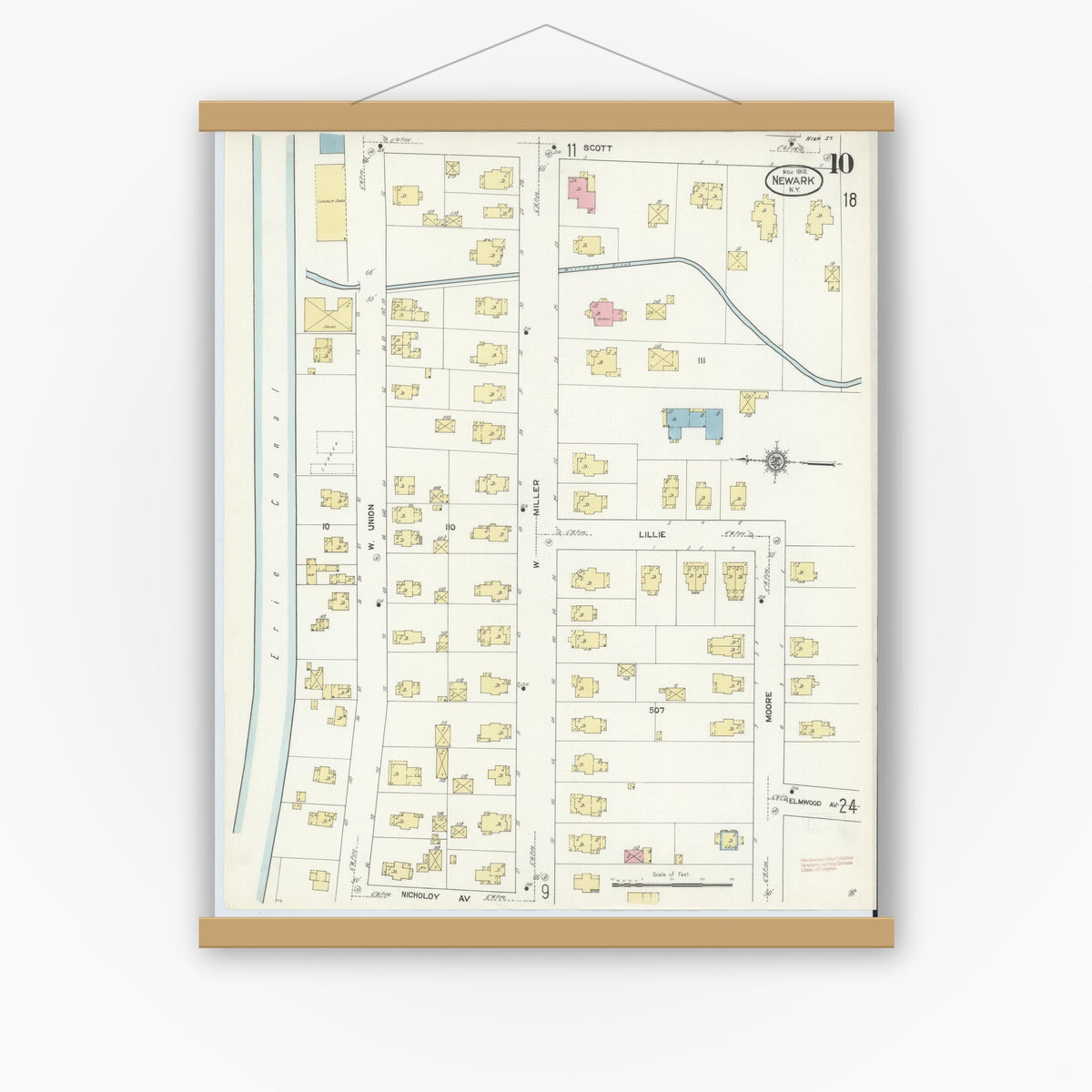 Old map wall art mockup — magnetic wood frame on white wall — Sanborn Fire Insurance Map from Newark, Wayne County, New York (1912), Sheet #0010