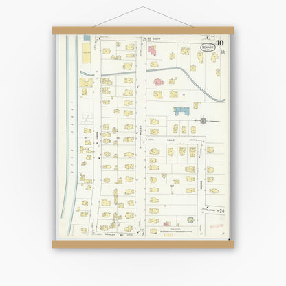 Old map wall art mockup — magnetic wood frame on white wall — Sanborn Fire Insurance Map from Newark, Wayne County, New York (1912), Sheet #0010