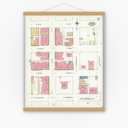 Old map wall art mockup — magnetic wood frame on white wall — Sanborn Fire Insurance Map from Vernon, Wilbarger County, Texas (1920), Sheet #0002