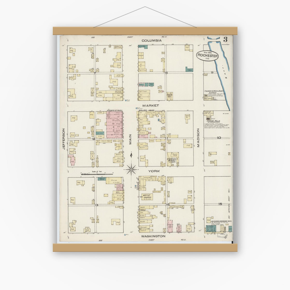 Old map wall art mockup — magnetic wood frame on white wall — Sanborn Fire Insurance Map from Rochester, Fulton County, Indiana (1885), Sheet #0003