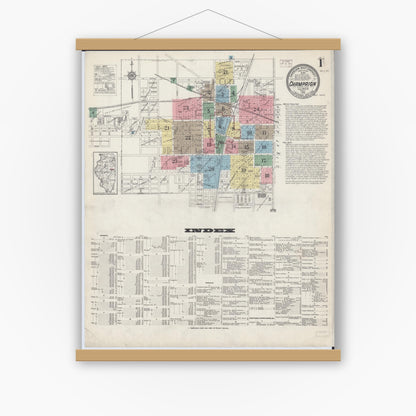 Old map wall art mockup — magnetic wood frame on white wall — Sanborn Fire Insurance Map from Champaign, Champaign County, Illinois (1915), Sheet #0001