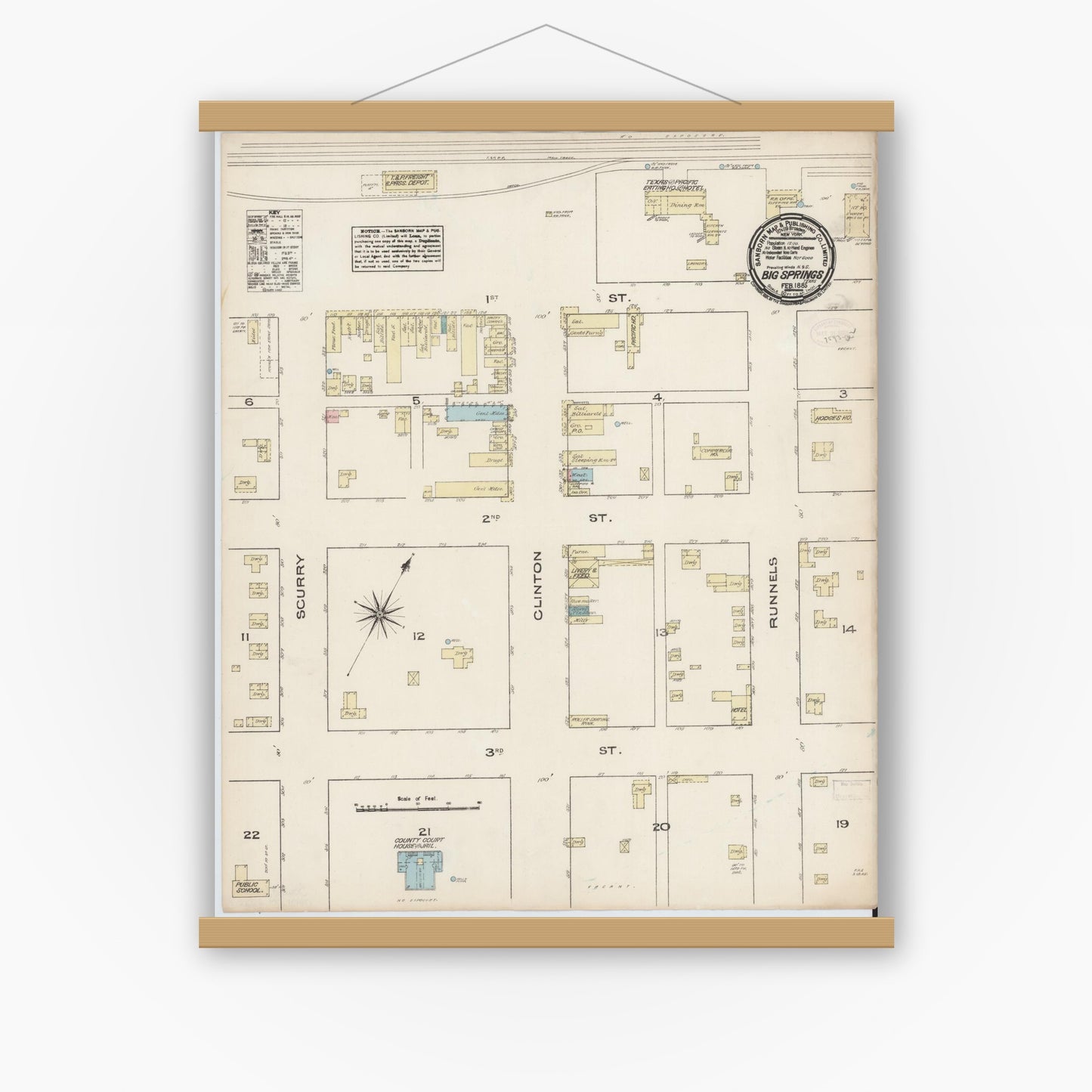 Old map wall art mockup — magnetic wood frame on white wall — Sanborn Fire Insurance Map from Big Spring, Howard County, Texas (1885), Sheet #0001