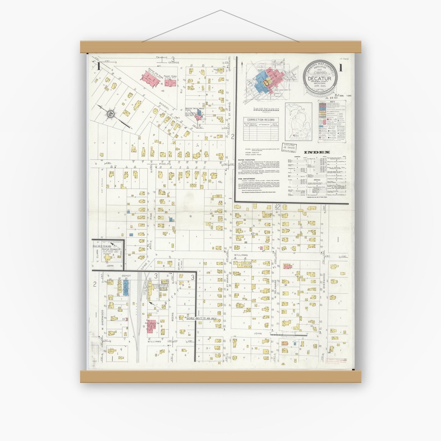 Old map wall art mockup — magnetic wood frame on white wall — Sanborn Fire Insurance Map from Decatur, Van Buren County, Michigan (1933), Sheet #0001
