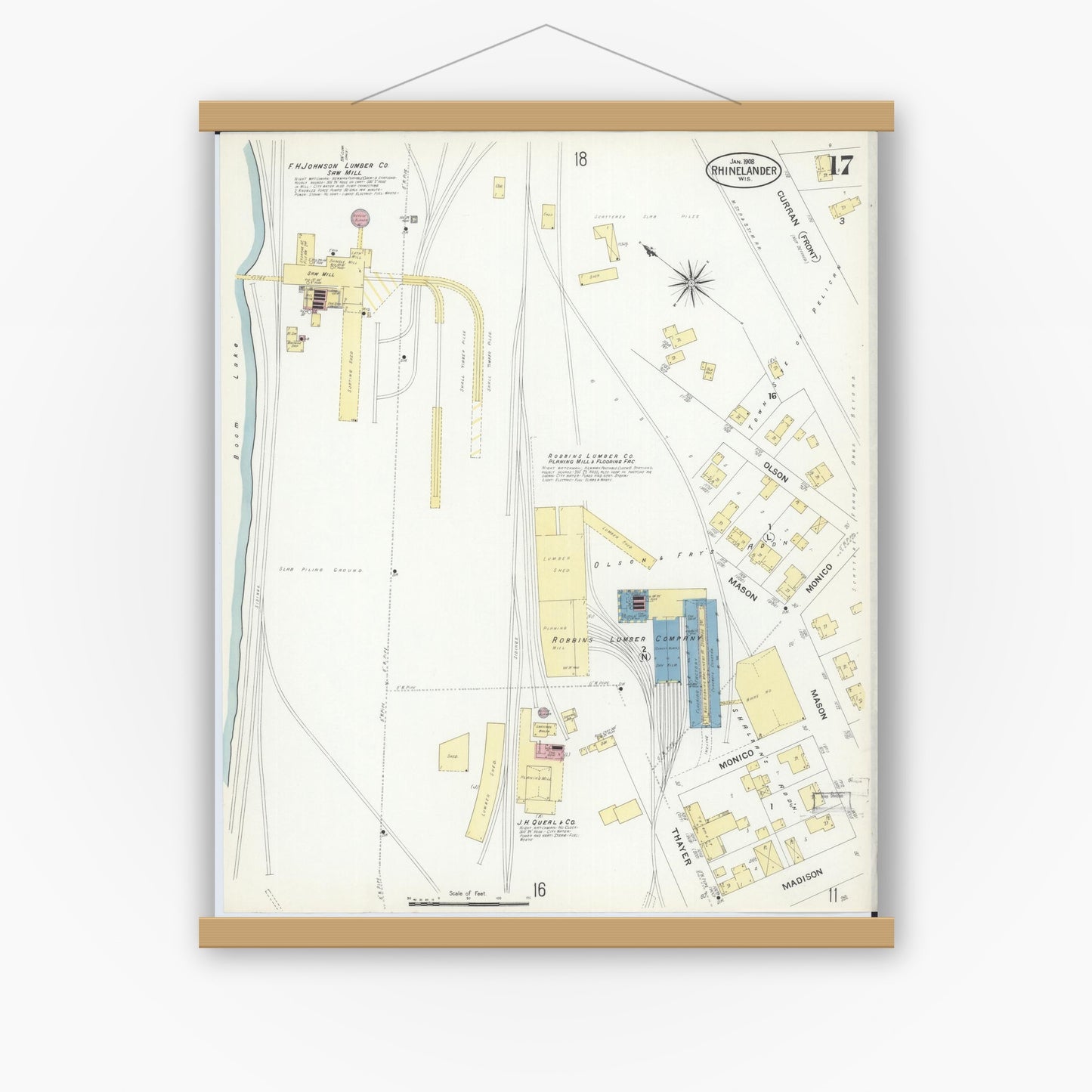 Old map wall art mockup — magnetic wood frame on white wall — Sanborn Fire Insurance Map from Rhinelander, Oneida County, Wisconsin (1908), Sheet #0017