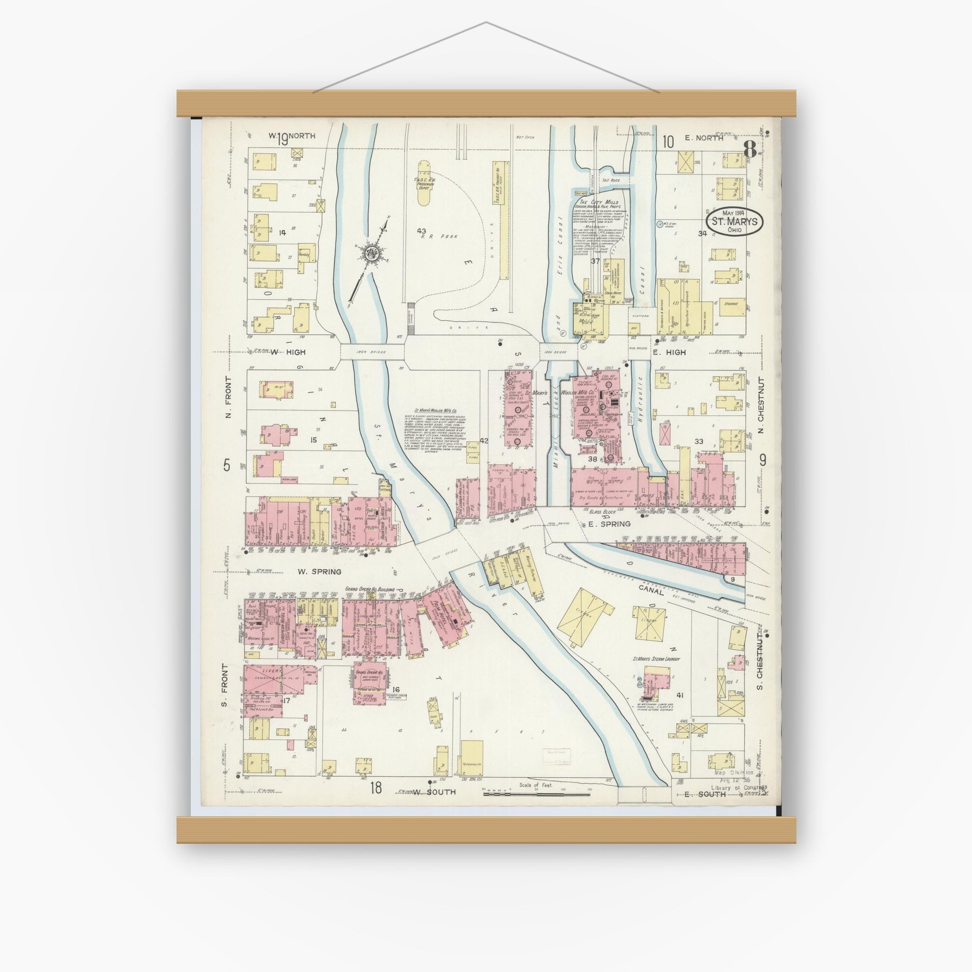 Old map wall art mockup — magnetic wood frame on white wall — Sanborn Fire Insurance Map from Saint Marys, Auglaize County, Ohio (1914), Sheet #0008