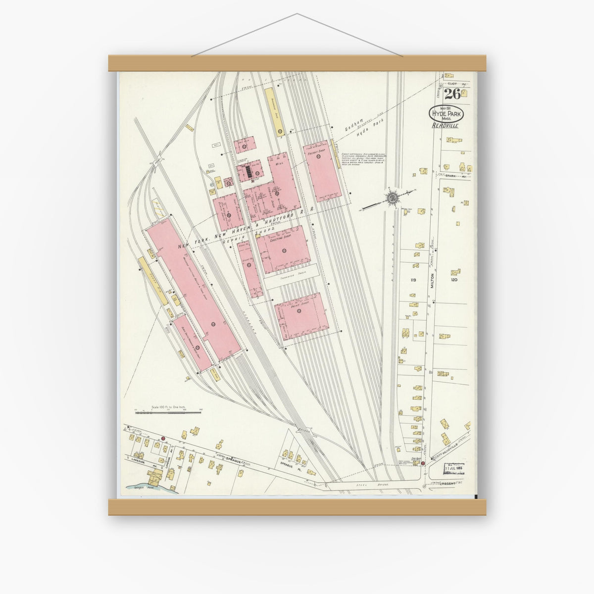 Old map wall art mockup — magnetic wood frame on white wall — Sanborn Fire Insurance Map from Hyde Park, Norfolk County, Massachusetts (1911), Sheet #0026