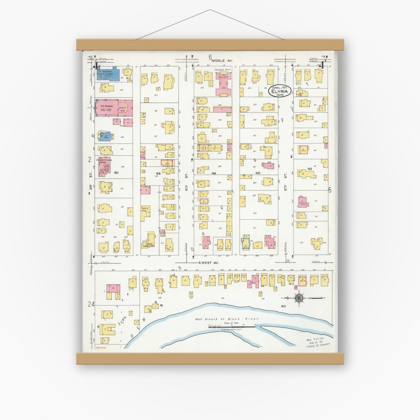 Old map wall art mockup — magnetic wood frame on white wall — Sanborn Fire Insurance Map from Elyria, Lorain County, Ohio (1925), Sheet #0004