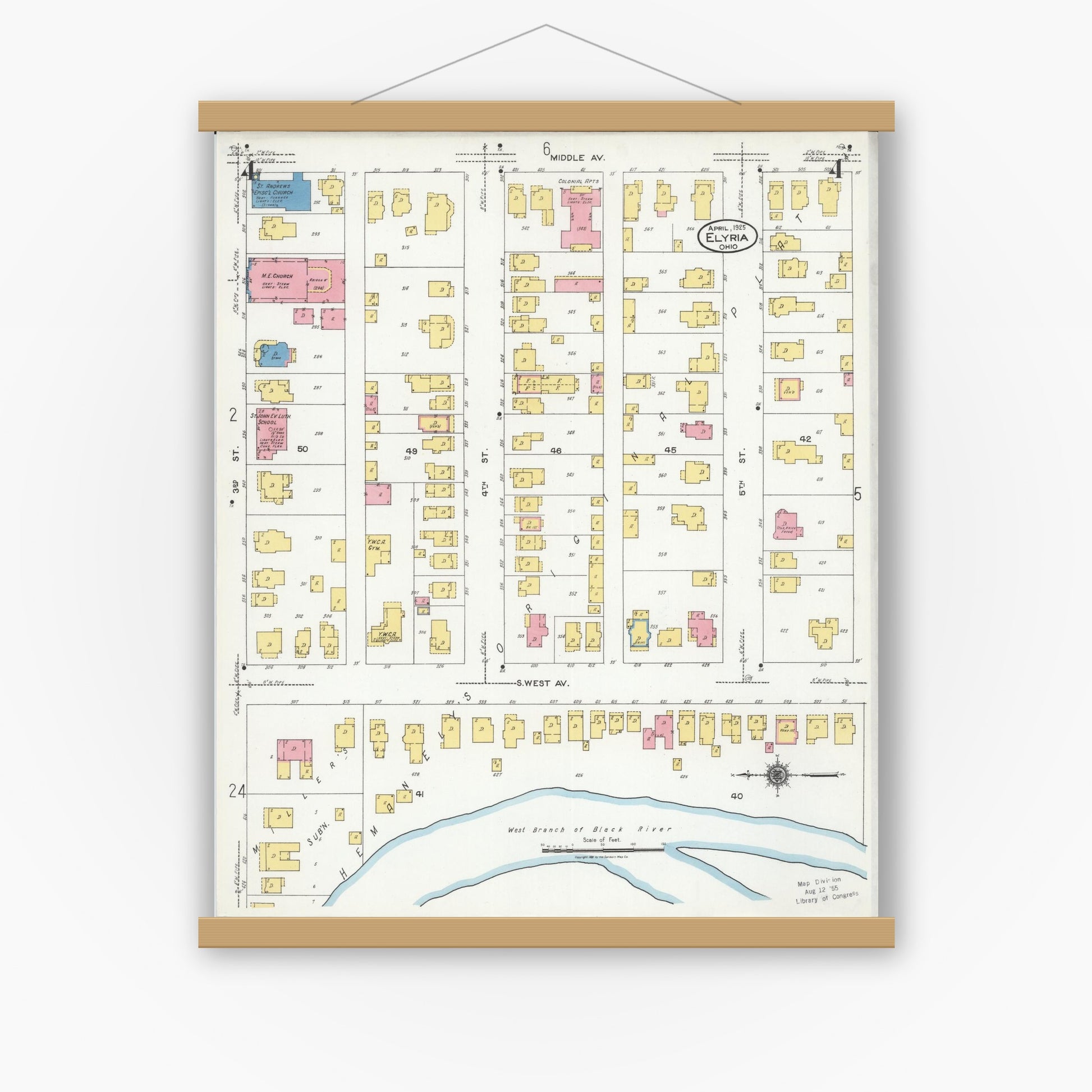 Old map wall art mockup — magnetic wood frame on white wall — Sanborn Fire Insurance Map from Elyria, Lorain County, Ohio (1925), Sheet #0004