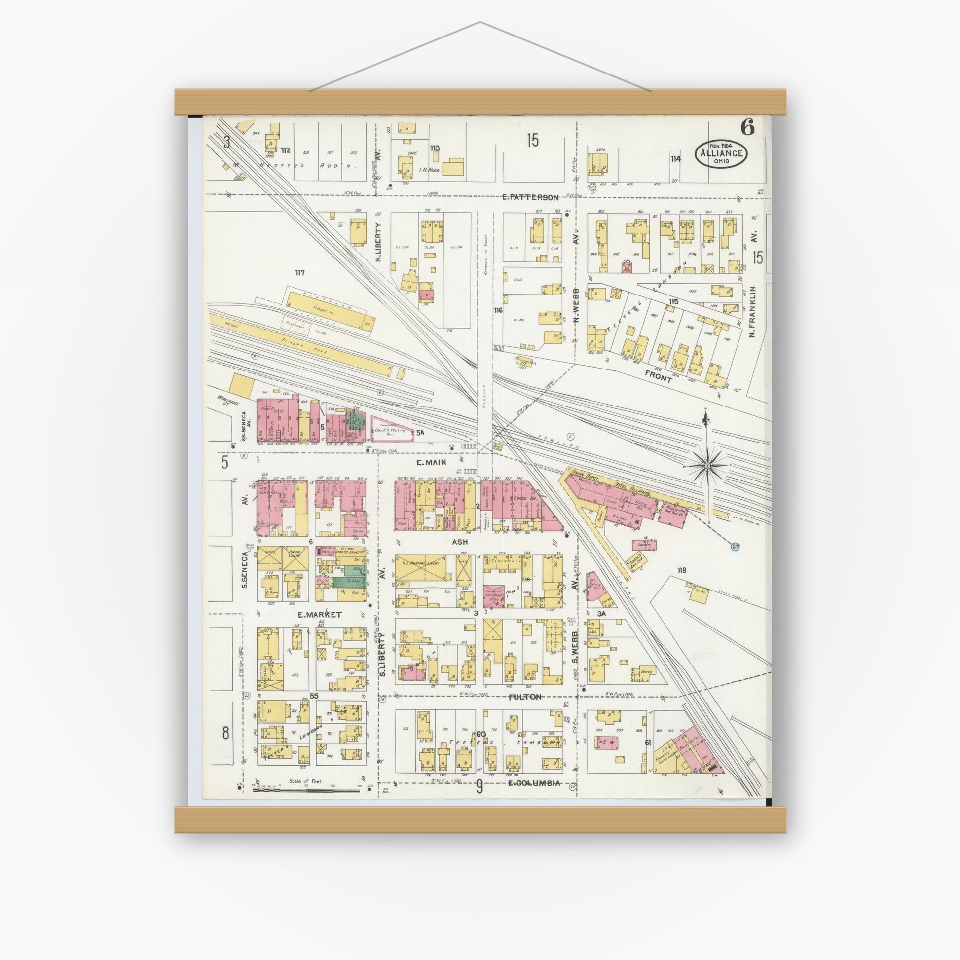 Old map wall art mockup — magnetic wood frame on white wall — Sanborn Fire Insurance Map from Alliance, Stark County, Ohio (1904), Sheet #0006