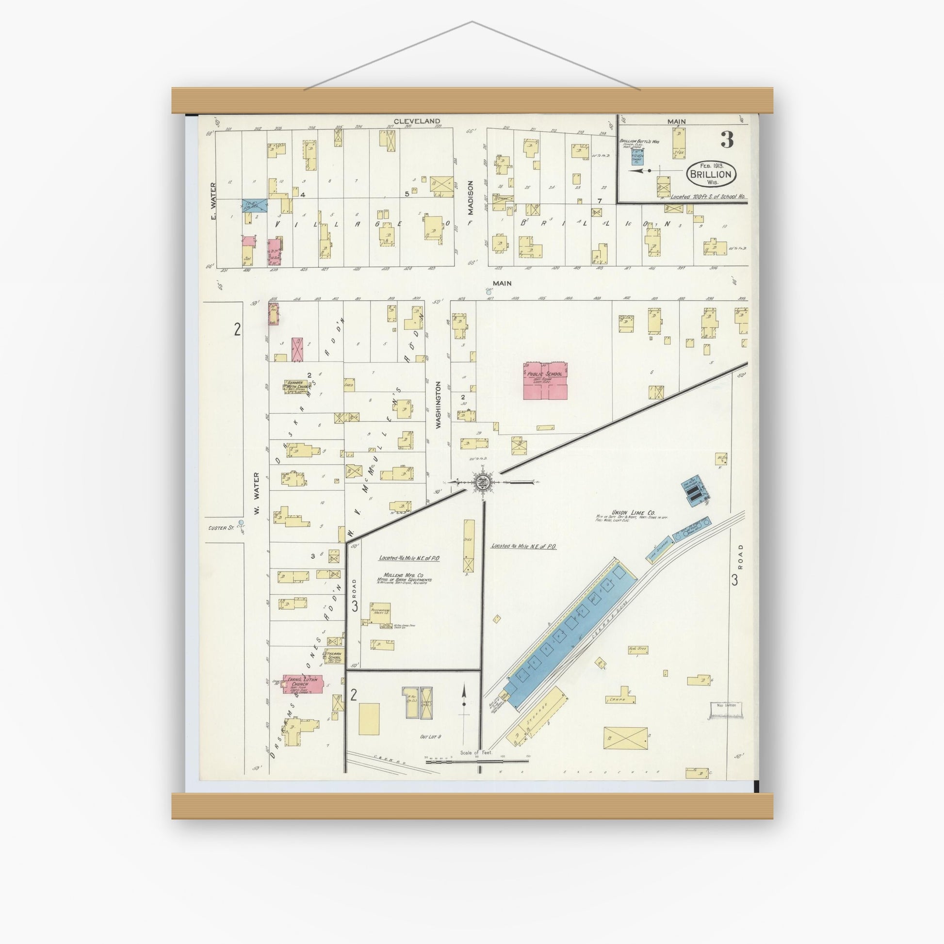 Old map wall art mockup — magnetic wood frame on white wall — Sanborn Fire Insurance Map from Brillion, Calumet County, Wisconsin (1913), Sheet #0003