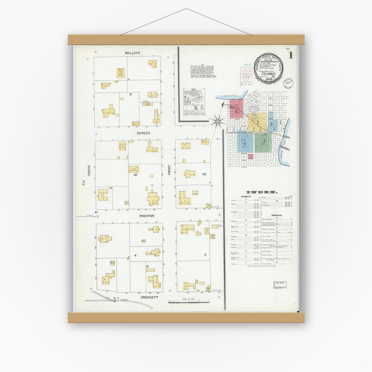 Old map wall art mockup — magnetic wood frame on white wall — Sanborn Fire Insurance Map from Columbus, Colorado County, Texas (1900) - Complete Map Set