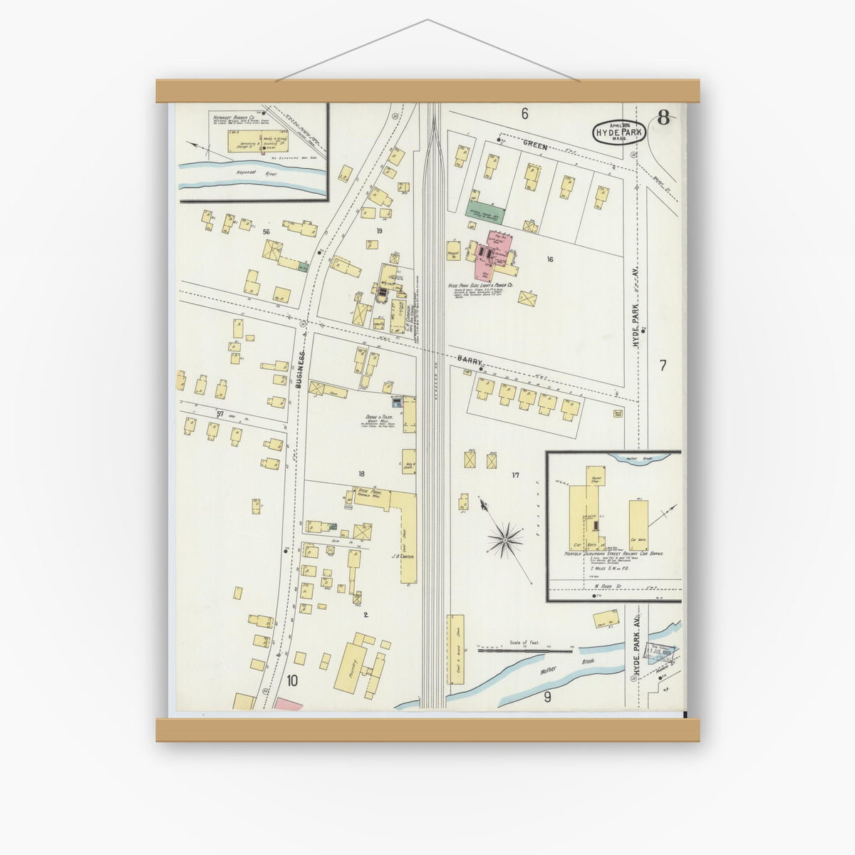 Old map wall art mockup — magnetic wood frame on white wall — Sanborn Fire Insurance Map from Hyde Park, Norfolk County, Massachusetts (1896), Sheet #0008