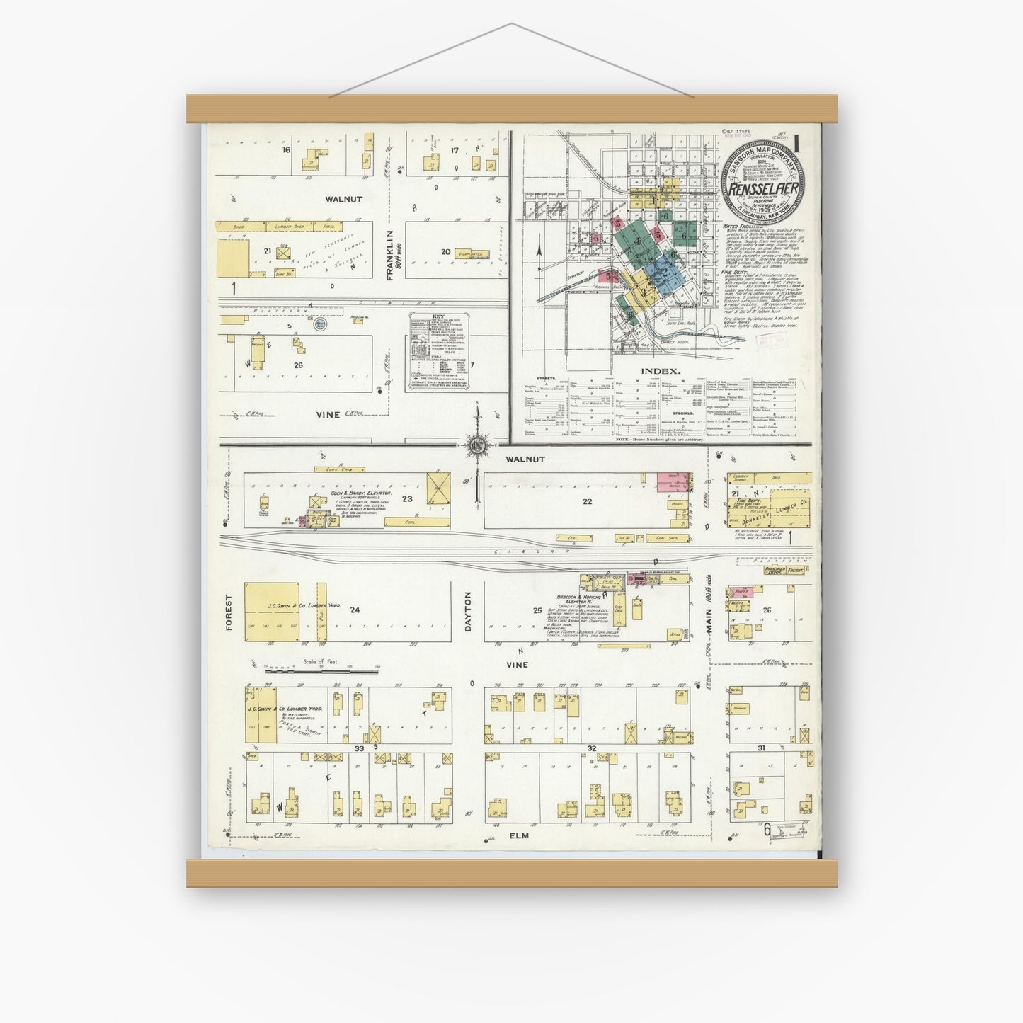 Old map wall art mockup — magnetic wood frame on white wall — Sanborn Fire Insurance Map from Rensselaer, Jasper County, Indiana (1909), Sheet #0001