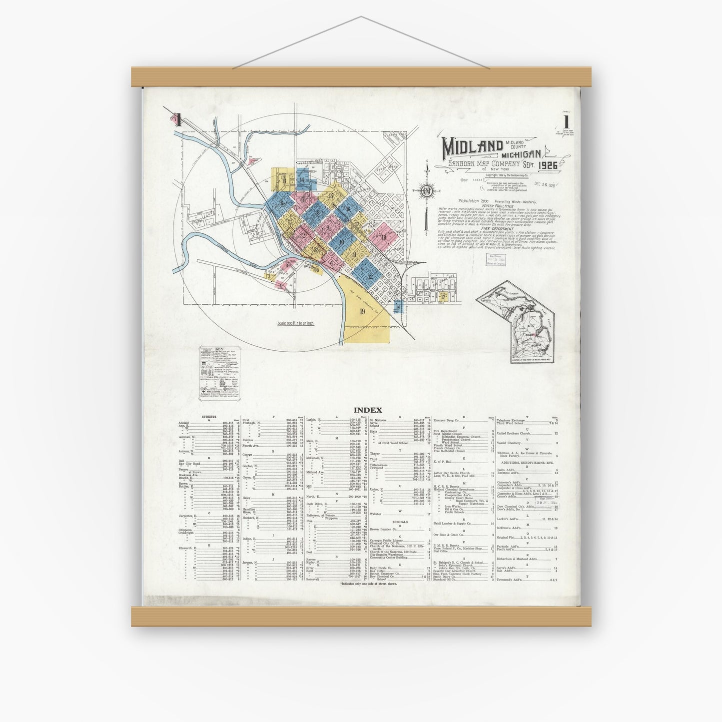 Old map wall art mockup — magnetic wood frame on white wall — Sanborn Fire Insurance Map from Midland, Midland County, Michigan (1926), Sheet #0001