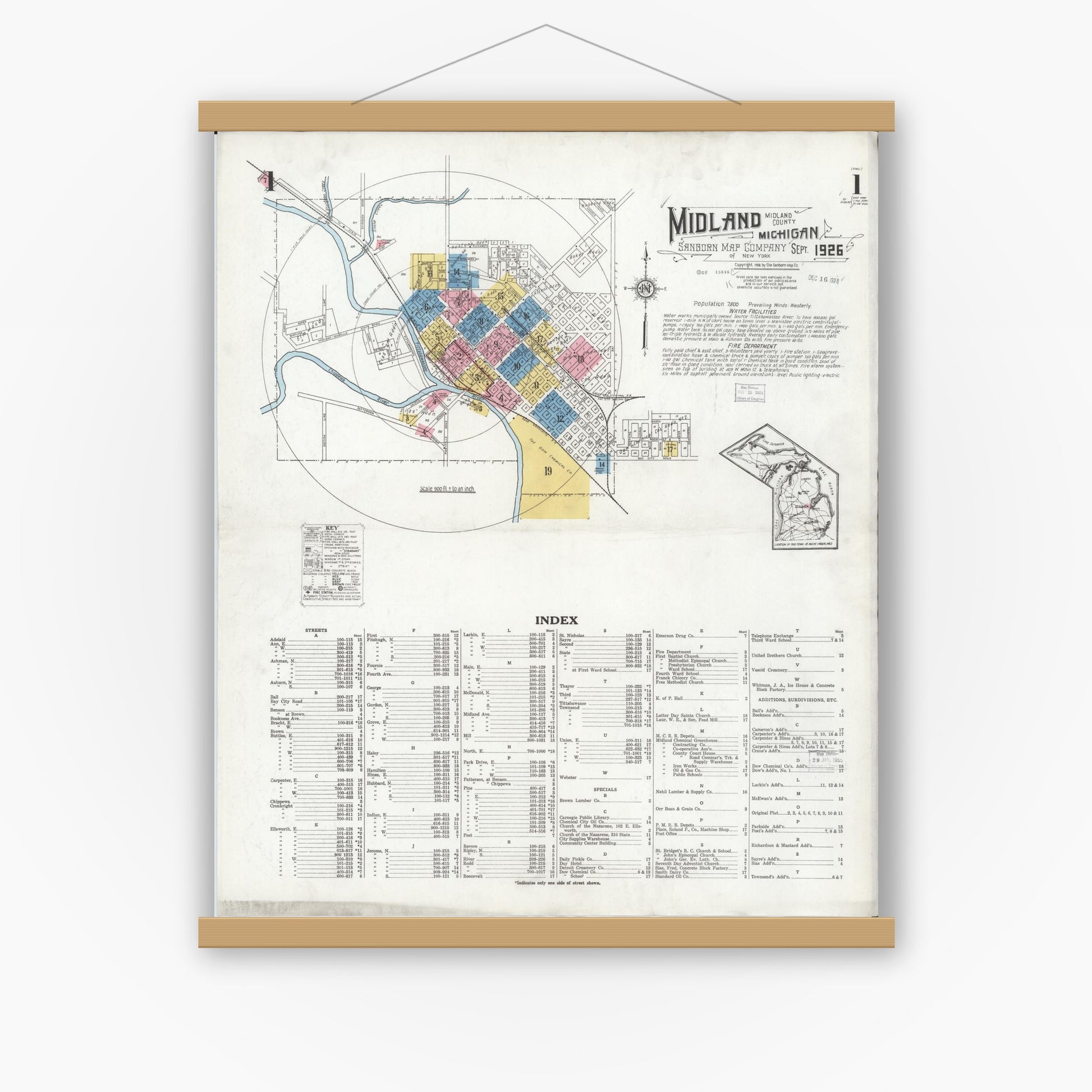 Old map wall art mockup — magnetic wood frame on white wall — Sanborn Fire Insurance Map from Midland, Midland County, Michigan (1926), Sheet #0001