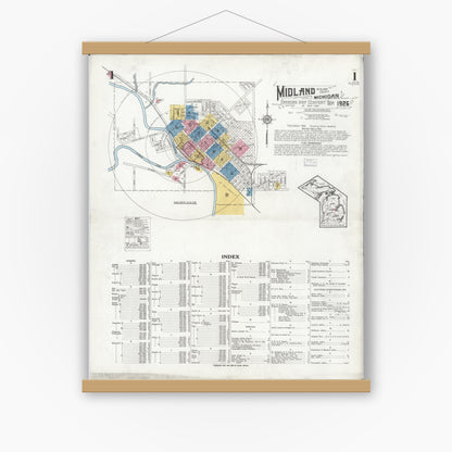 Old map wall art mockup — magnetic wood frame on white wall — Sanborn Fire Insurance Map from Midland, Midland County, Michigan (1926), Sheet #0001