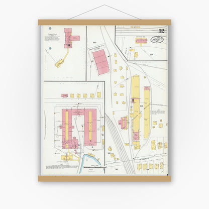 Old map wall art mockup — magnetic wood frame on white wall — Sanborn Fire Insurance Map from Charlotte, Mecklenburg County, North Carolina (1905), Sheet #0032