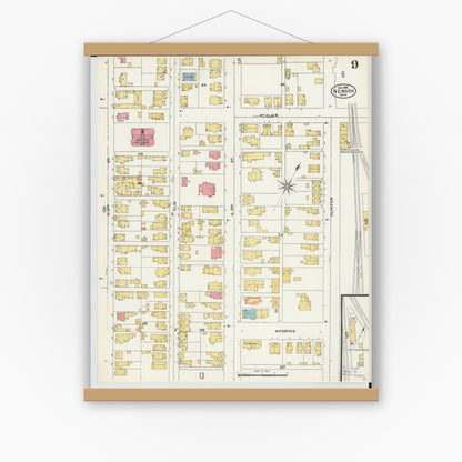 Old map wall art mockup — magnetic wood frame on white wall — Sanborn Fire Insurance Map from Newark, Licking County, Ohio (1905), Sheet #0009