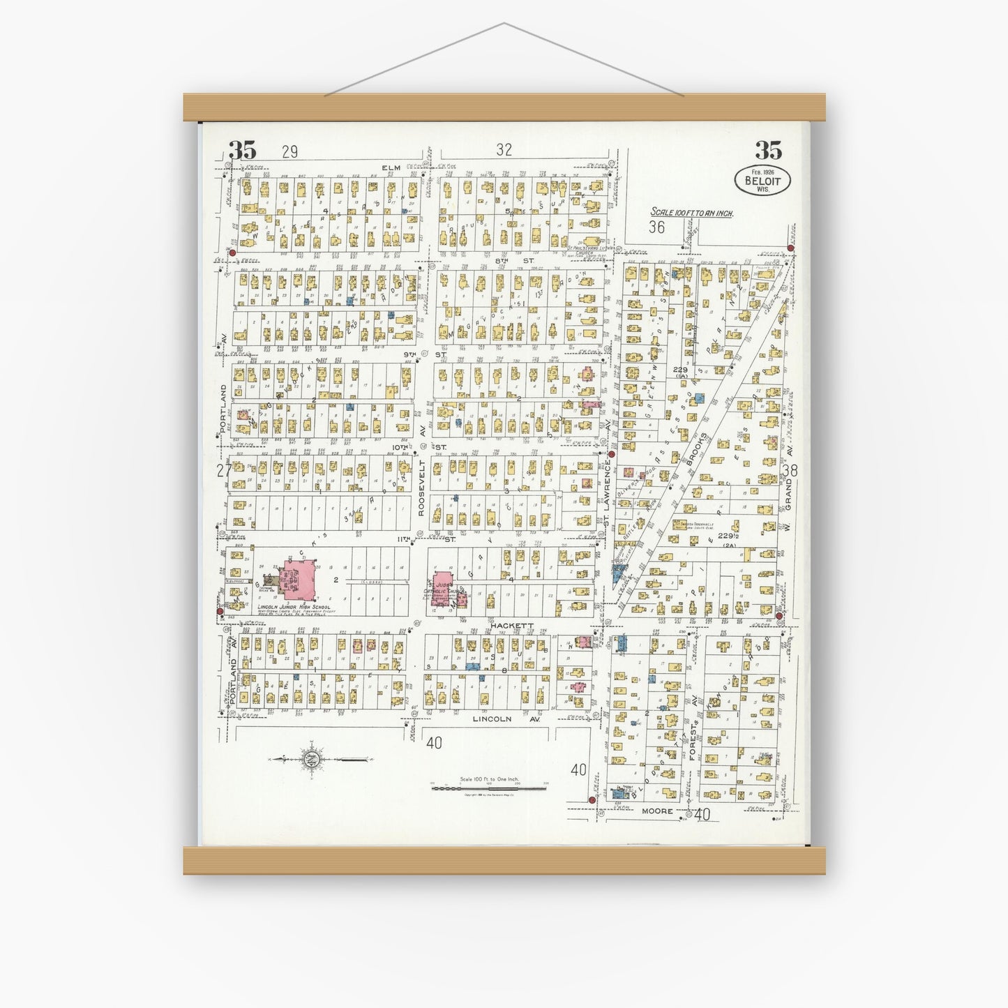 Old map wall art mockup — magnetic wood frame on white wall — Sanborn Fire Insurance Map from Beloit, Rock County, Wisconsin (1926), Sheet #0035