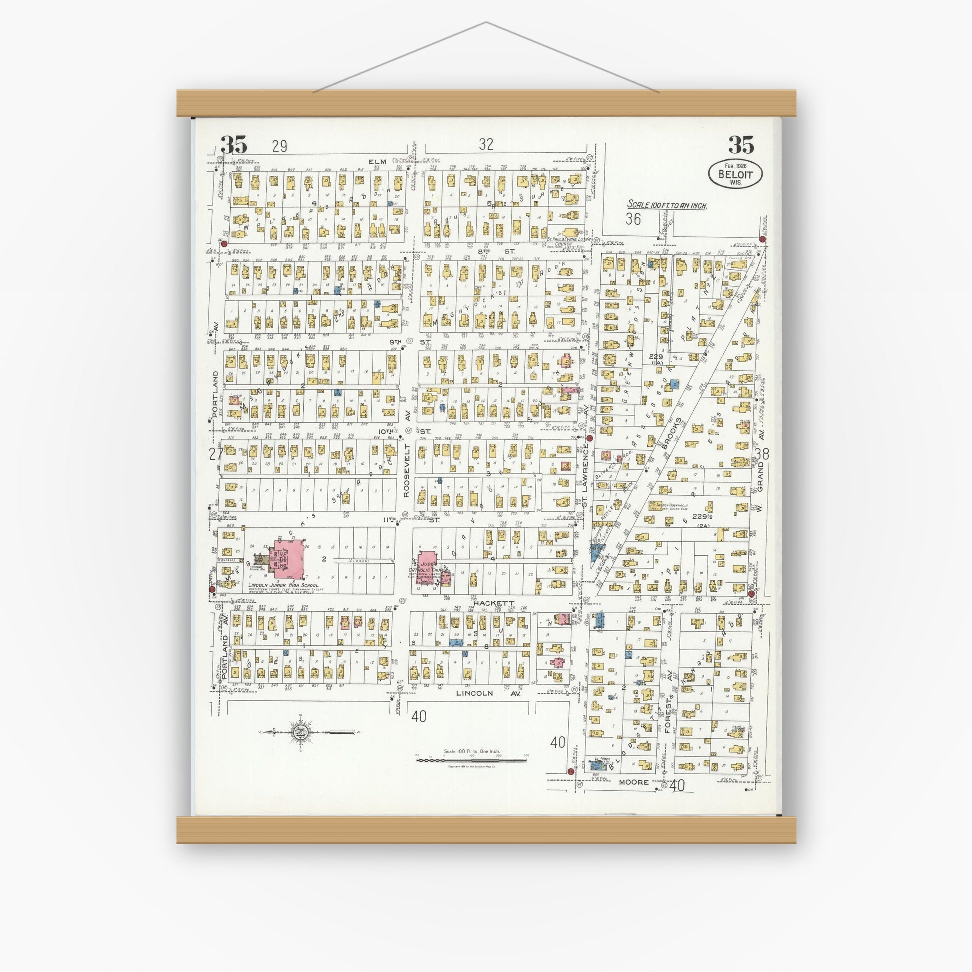 Old map wall art mockup — magnetic wood frame on white wall — Sanborn Fire Insurance Map from Beloit, Rock County, Wisconsin (1926), Sheet #0035