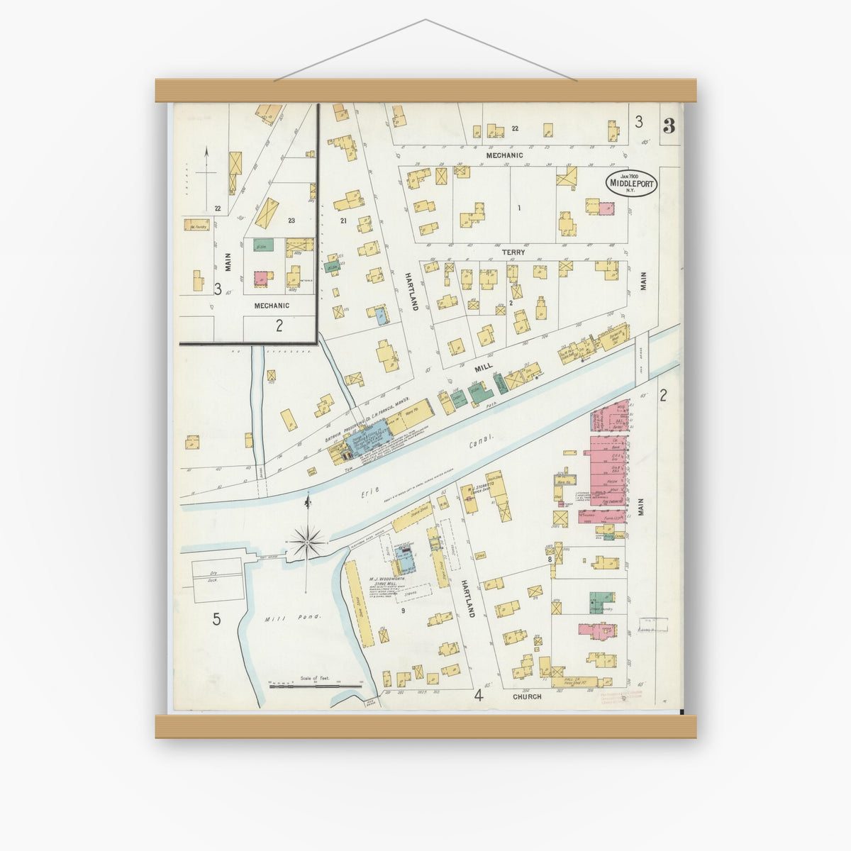 Old map wall art mockup — magnetic wood frame on white wall — Sanborn Fire Insurance Map from Middleport, Niagara County, New York (1900), Sheet #0003