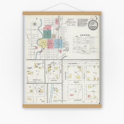 Old map wall art mockup — magnetic wood frame on white wall — Sanborn Fire Insurance Map from Cleburne, Johnson County, Texas (1893), Sheet #0001