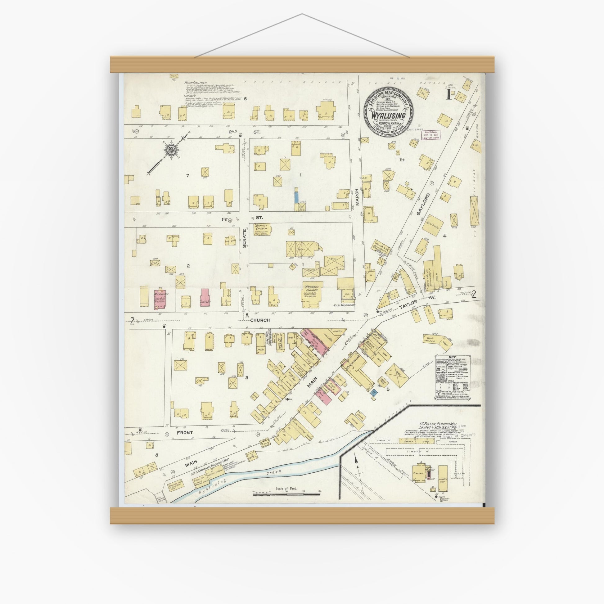 Old map wall art mockup — magnetic wood frame on white wall — Sanborn Fire Insurance Map from Wyalusing, Wyoming County, Pennsylvania (1911) - Complete Map Set