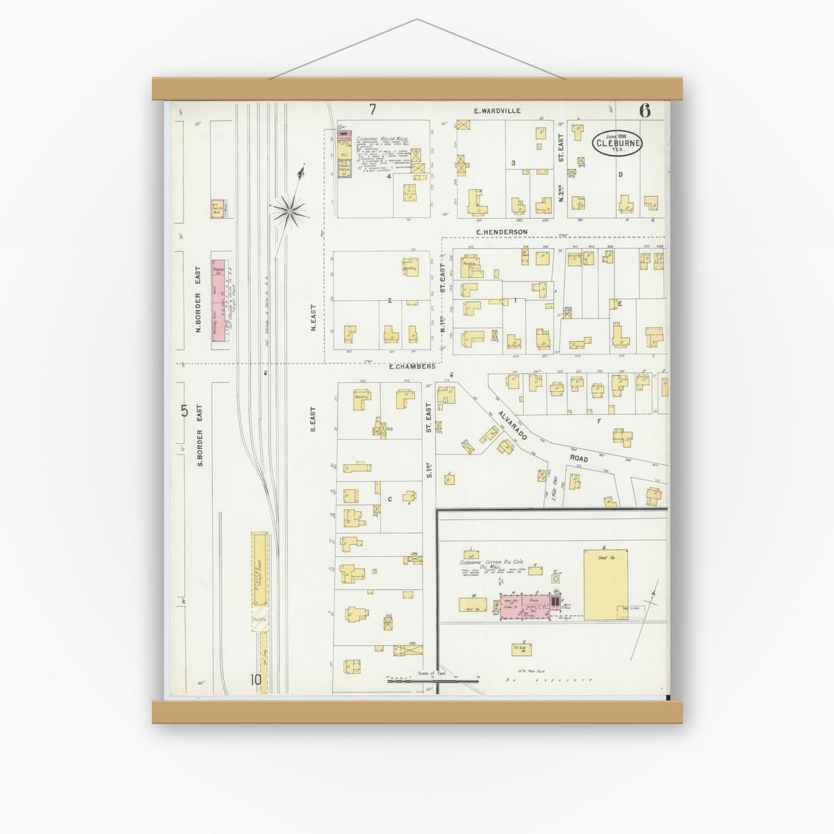 Old map wall art mockup — magnetic wood frame on white wall — Sanborn Fire Insurance Map from Cleburne, Johnson County, Texas (1898), Sheet #0006