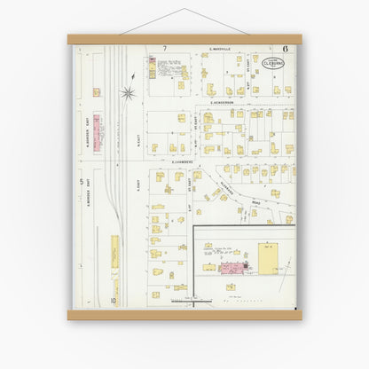 Old map wall art mockup — magnetic wood frame on white wall — Sanborn Fire Insurance Map from Cleburne, Johnson County, Texas (1898), Sheet #0006