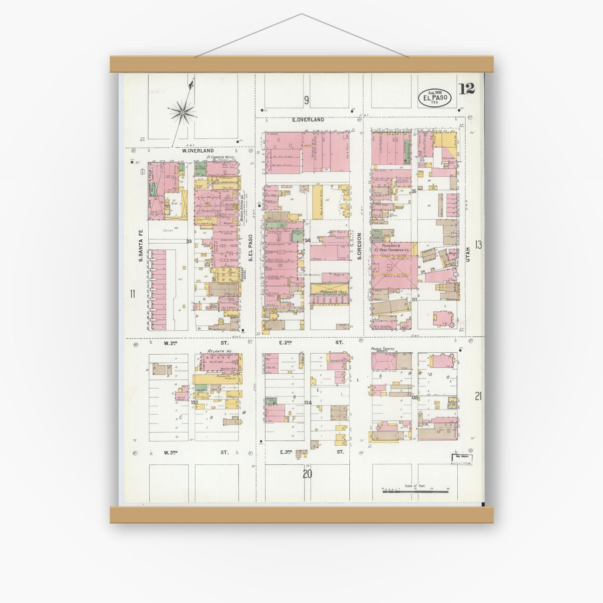 Old map wall art mockup — magnetic wood frame on white wall — Sanborn Fire Insurance Map from El Paso, El Paso County, Texas (1900), Sheet #0012