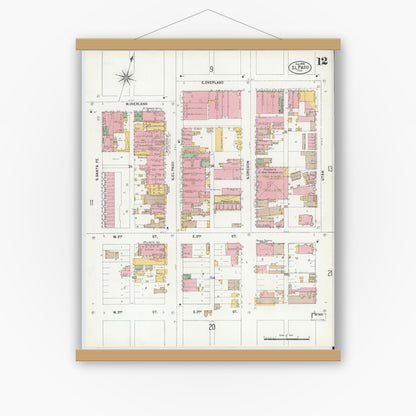 Old map wall art mockup — magnetic wood frame on white wall — Sanborn Fire Insurance Map from El Paso, El Paso County, Texas (1900), Sheet #0012
