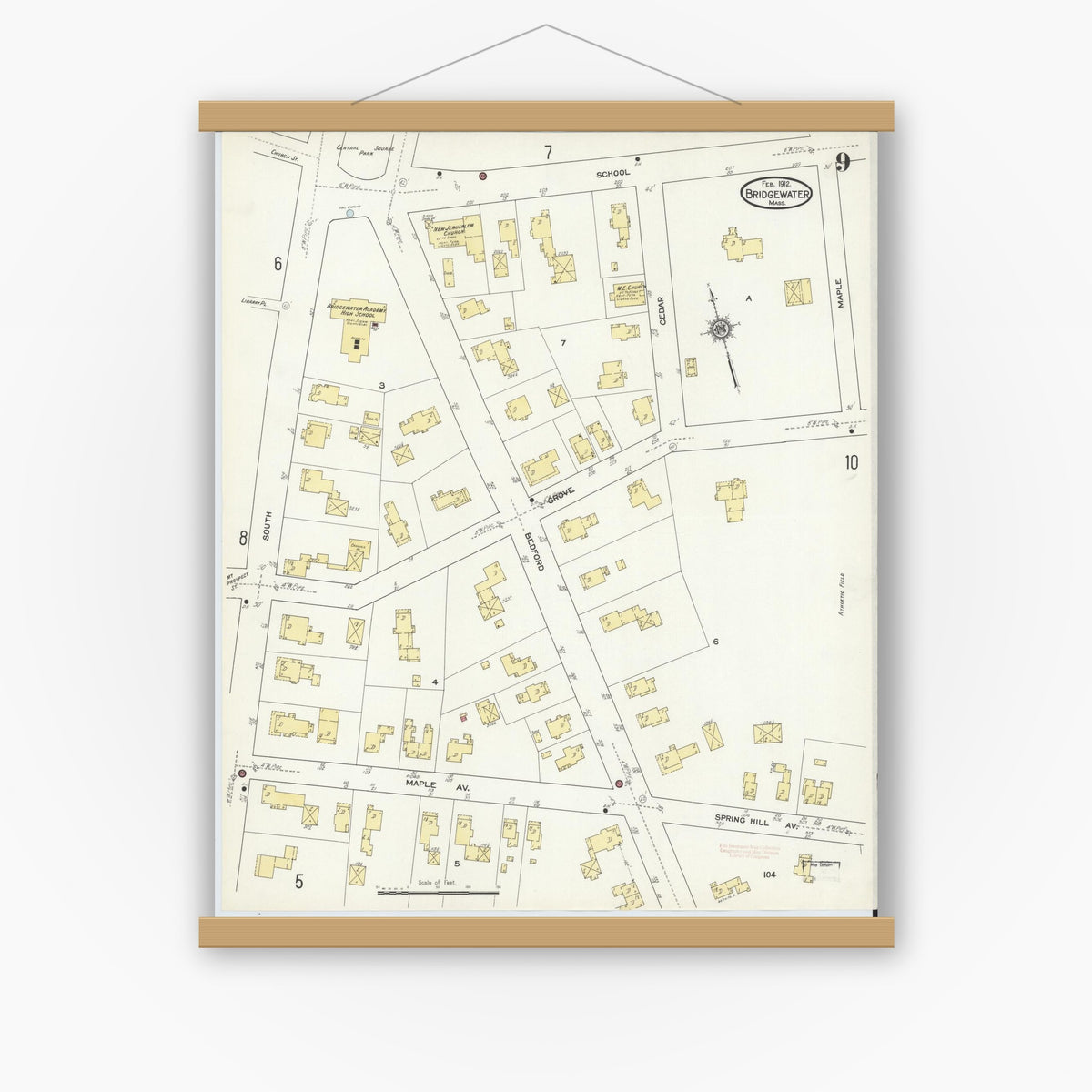 Old map wall art mockup — magnetic wood frame on white wall — Sanborn Fire Insurance Map from Bridgewater, Plymouth County, Massachusetts (1912), Sheet #0009