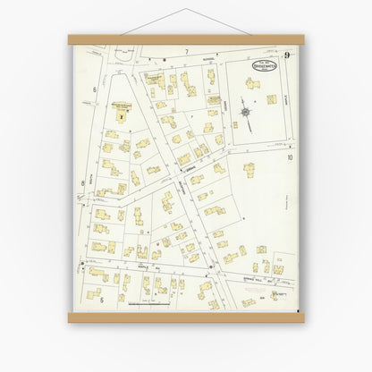 Old map wall art mockup — magnetic wood frame on white wall — Sanborn Fire Insurance Map from Bridgewater, Plymouth County, Massachusetts (1912), Sheet #0009
