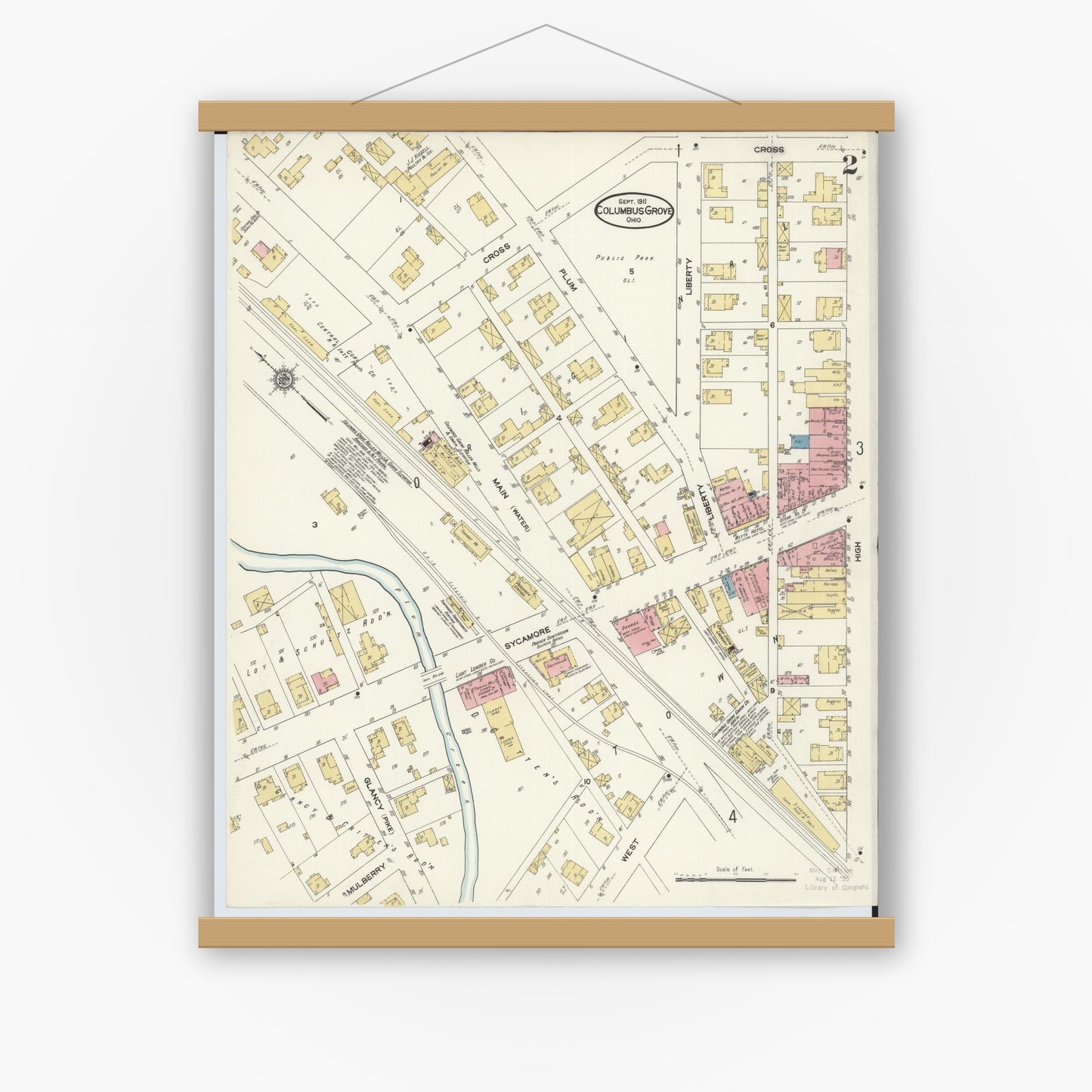 Old map wall art mockup — magnetic wood frame on white wall — Sanborn Fire Insurance Map from Columbus Grove, Putnam County, Ohio (1911), Sheet #0002