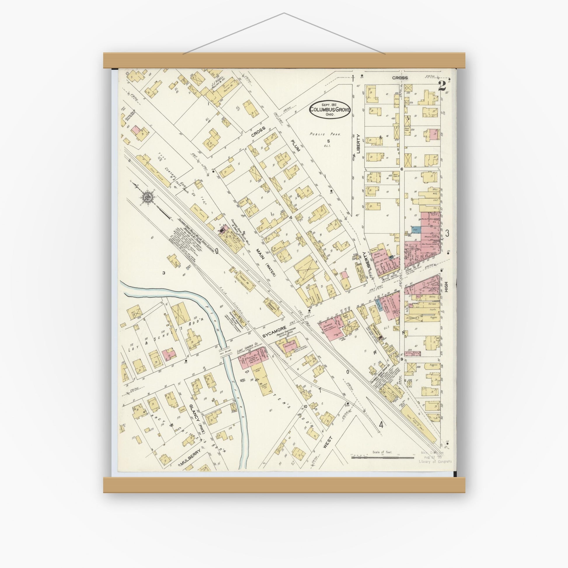 Old map wall art mockup — magnetic wood frame on white wall — Sanborn Fire Insurance Map from Columbus Grove, Putnam County, Ohio (1911), Sheet #0002