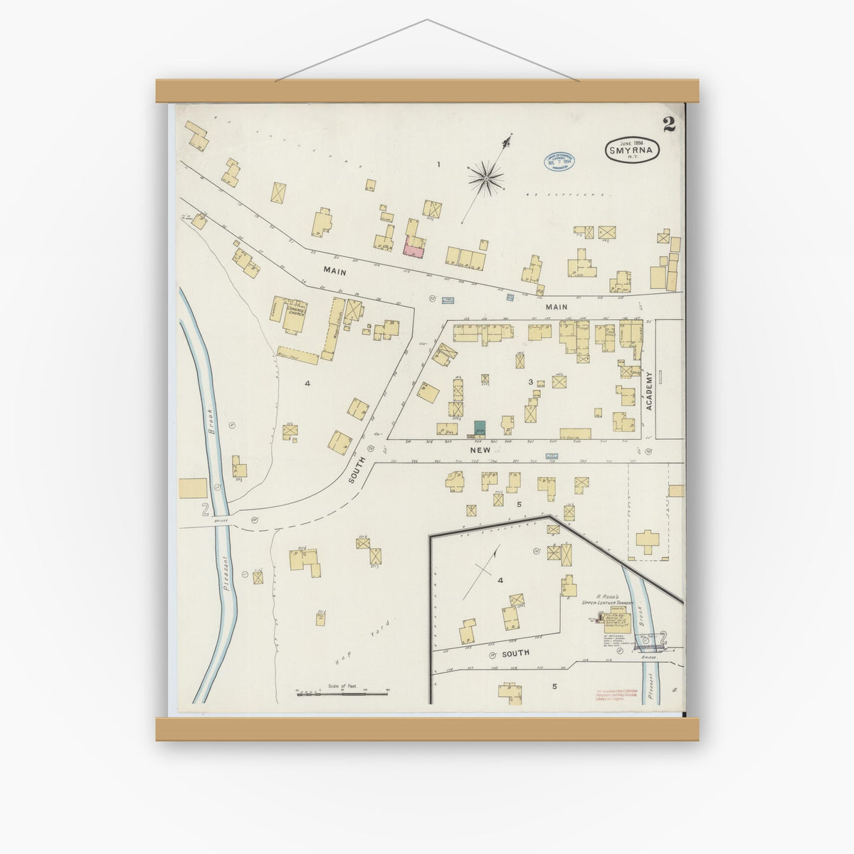 Old map wall art mockup — magnetic wood frame on white wall — Sanborn Fire Insurance Map from Smyrna, Chenango County, New York (1894), Sheet #0002