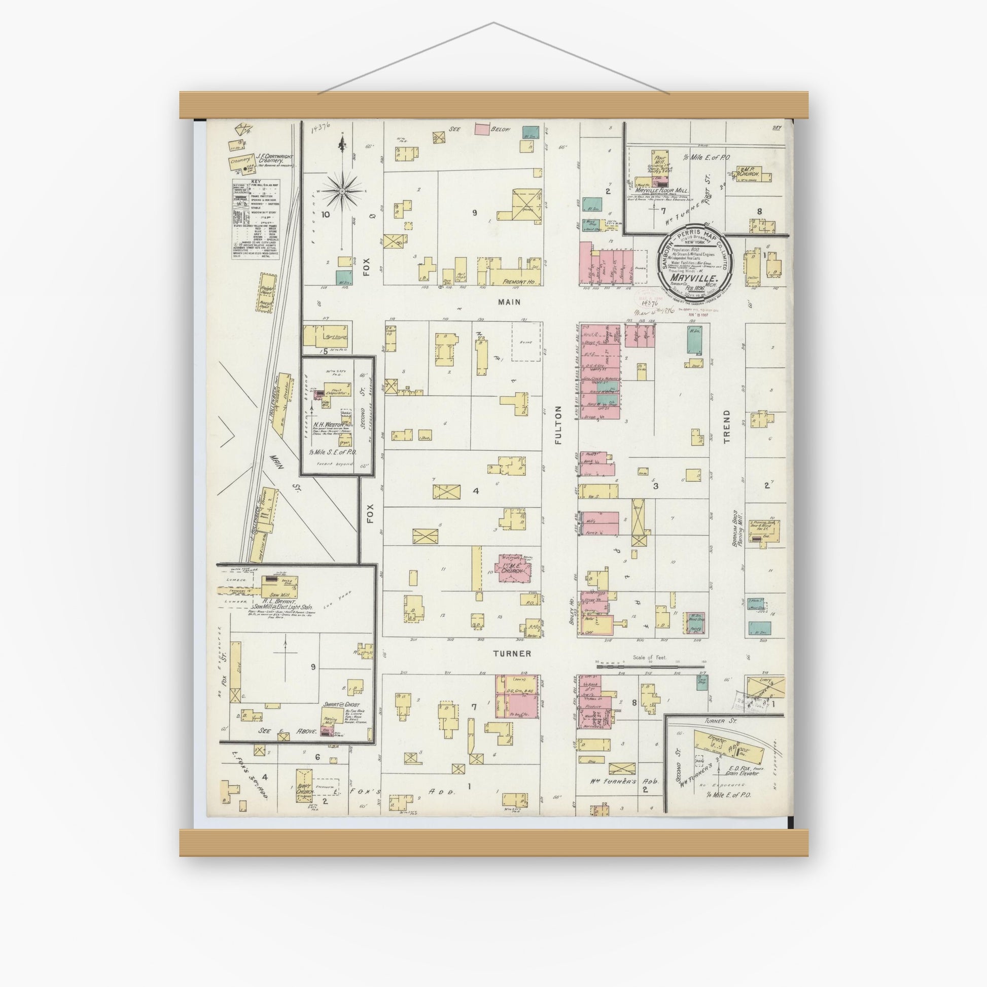 Old map wall art mockup — magnetic wood frame on white wall — Sanborn Fire Insurance Map from Mayville, Tuscola County, Michigan (1896), Sheet #0001