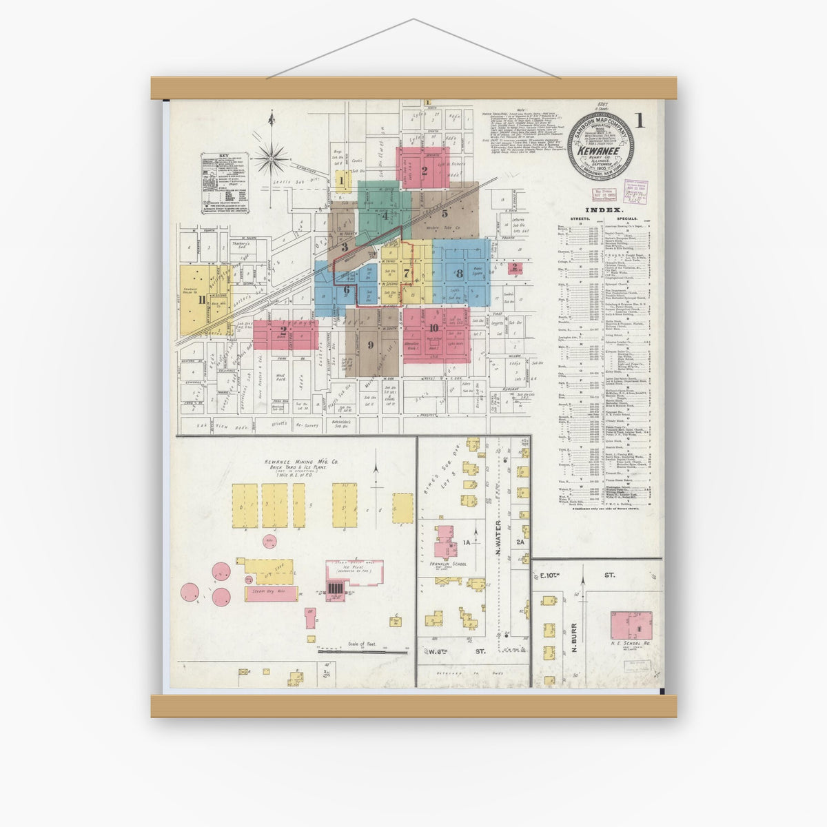 Old map wall art mockup — magnetic wood frame on white wall — Sanborn Fire Insurance Map from Kewanee, Henry County, Illinois (1905) - Complete Map Set