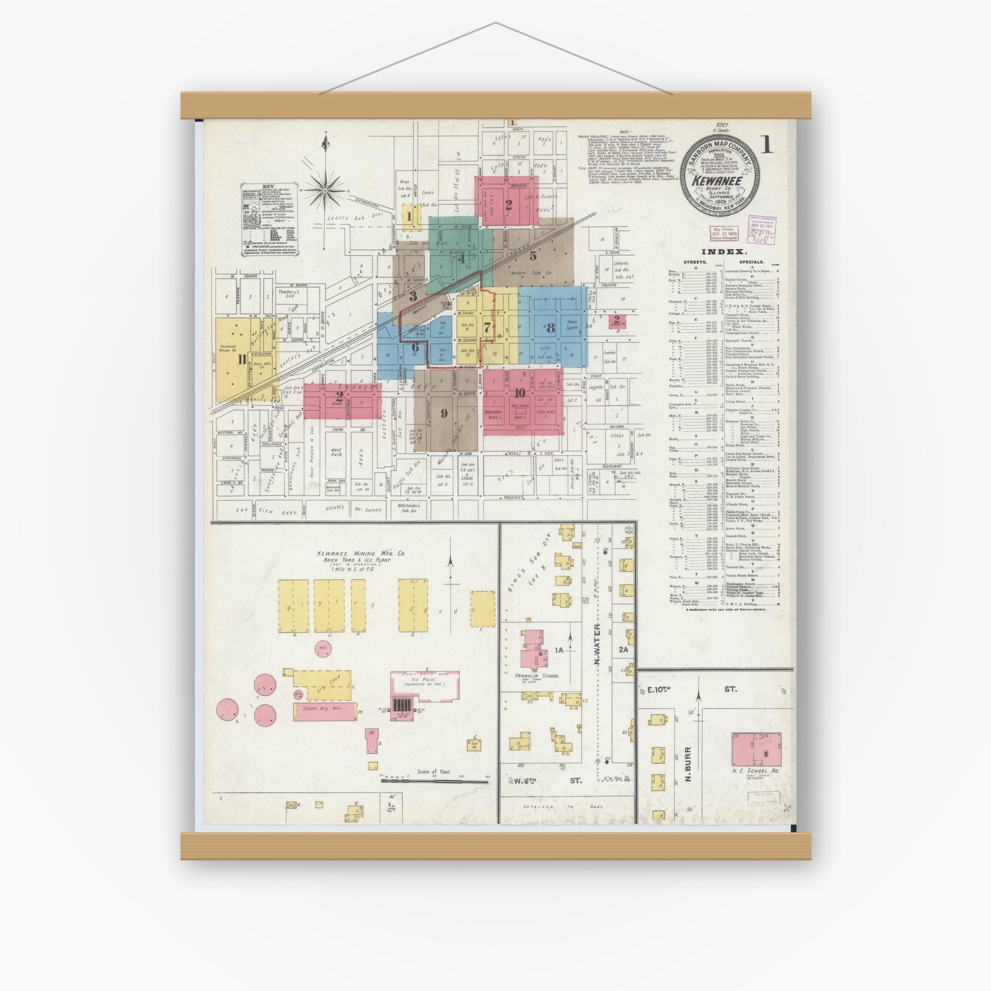 Old map wall art mockup — magnetic wood frame on white wall — Sanborn Fire Insurance Map from Kewanee, Henry County, Illinois (1905) - Complete Map Set