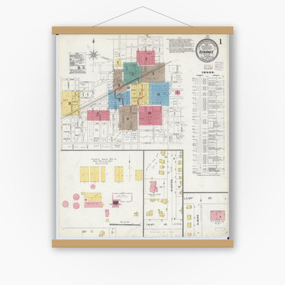 Old map wall art mockup — magnetic wood frame on white wall — Sanborn Fire Insurance Map from Kewanee, Henry County, Illinois (1905) - Complete Map Set