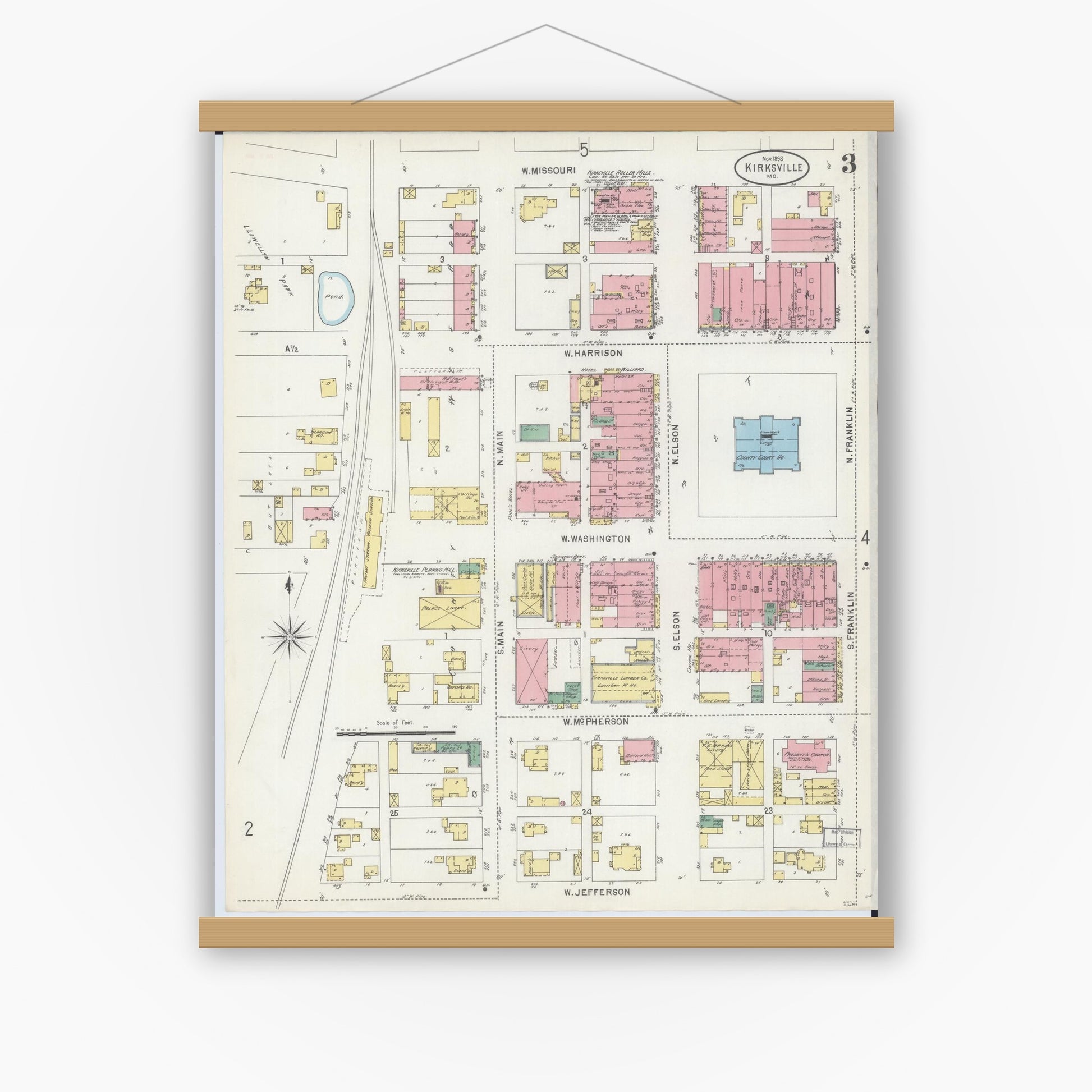 Old map wall art mockup — magnetic wood frame on white wall — Sanborn Fire Insurance Map from Kirksville, Adair County, Missouri (1898), Sheet #0003