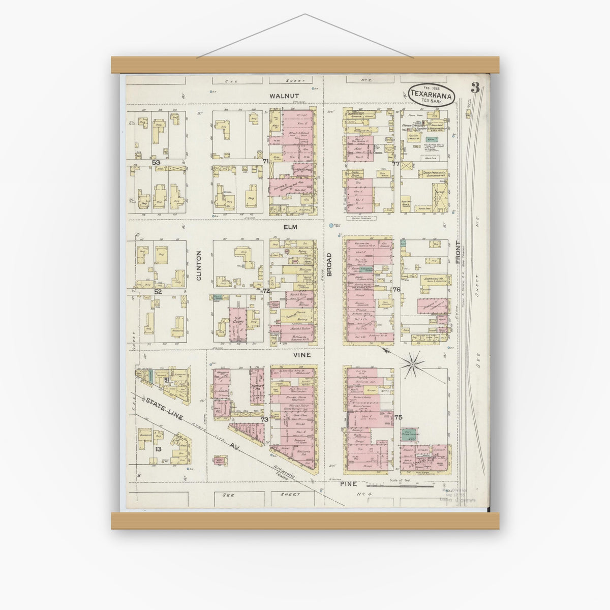 Old map wall art mockup — magnetic wood frame on white wall — Sanborn Fire Insurance Map from Texarkana, Bowie County, Texas (1888), Sheet #0003