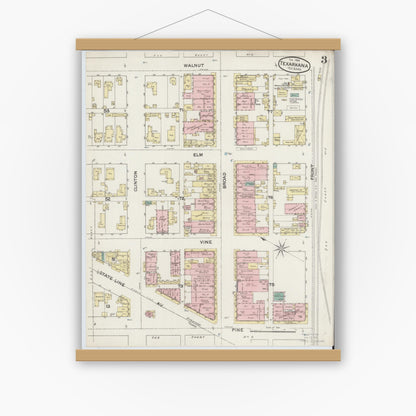 Old map wall art mockup — magnetic wood frame on white wall — Sanborn Fire Insurance Map from Texarkana, Bowie County, Texas (1888), Sheet #0003