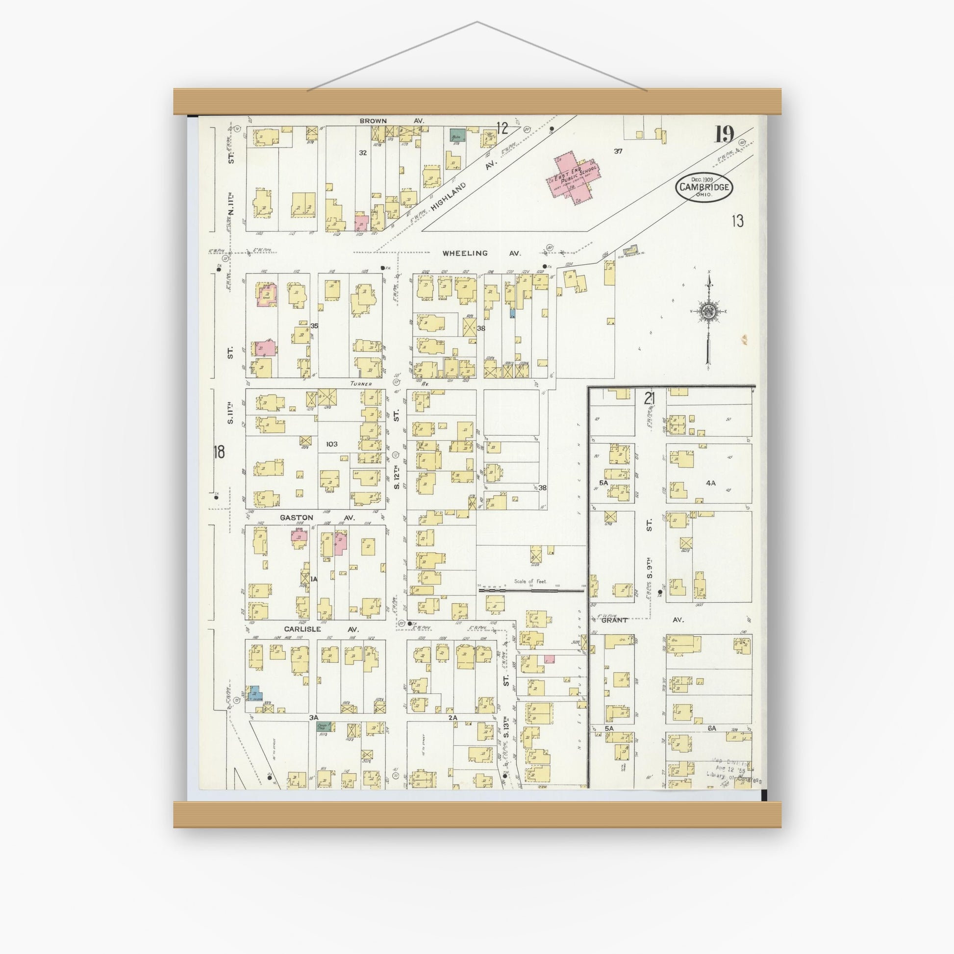Old map wall art mockup — magnetic wood frame on white wall — Sanborn Fire Insurance Map from Cambridge, Guernsey County, Ohio (1909), Sheet #0019