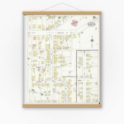 Old map wall art mockup — magnetic wood frame on white wall — Sanborn Fire Insurance Map from Cambridge, Guernsey County, Ohio (1909), Sheet #0019