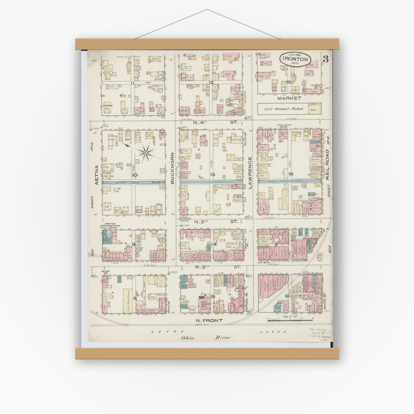 Old map wall art mockup — magnetic wood frame on white wall — Sanborn Fire Insurance Map from Ironton, Lawrence County, Ohio (1885), Sheet #0003