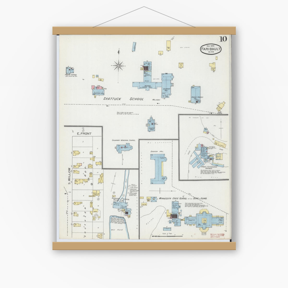 Old map wall art mockup — magnetic wood frame on white wall — Sanborn Fire Insurance Map from Faribault, Rice County, Minnesota (1893), Sheet #0010