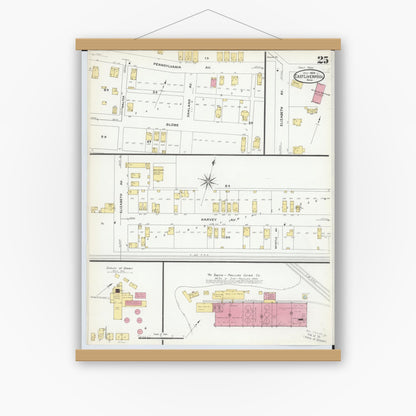 Old map wall art mockup — magnetic wood frame on white wall — Sanborn Fire Insurance Map from East Liverpool, Columbiana County, Ohio (1908), Sheet #0025