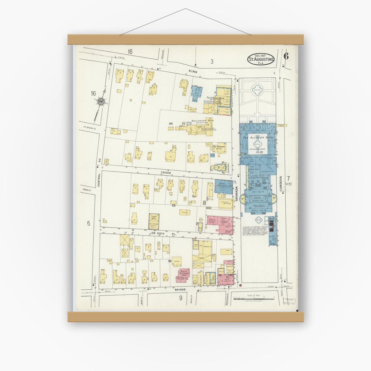 Old map wall art mockup — magnetic wood frame on white wall — Sanborn Fire Insurance Map from Saint Augustine, Saint John's County, Florida (1917), Sheet #0006